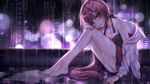  barefoot breasts brown_eyes city cleavage dress hoodie long_hair nekomura_iroha night ohagi_(ymnky) paper pink_hair rain tears vocaloid water wet 