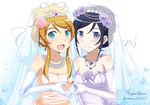  2girls aqua_eyes aragaki_ayase blonde_hair blush breasts cleavage edogawakid flowers kousaka_kirino necklace ore_no_imouto_ga_konna_ni_kawaii_wake_ga_nai shoujo_ai tiara wedding_attire 