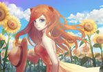  blue_eyes choker clouds flowers hat long_hair neon_genesis_evangelion orange_hair saphirya sky soryu_asuka_langley summer_dress sunflower 