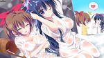  2girls black_hair breast_hold breasts brown_hair cleavage erect_nipples japanese_clothes long_hair no_bra nopan ponytail psychic_hearts see_through tagme_(character) wet wink yukata yuyumatsu 