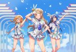  0910popo animal bird blue_eyes blue_hair brown_hair gloves hat kousaka_honoka long_hair love_live!_school_idol_project minami_kotori orange_hair skirt sonoda_umi uniform wink yellow_eyes 