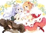  2girls blue_eyes blue_hair blush bow brown_hair dress flowers fruit gochuumon_wa_usagi_desu_ka? headband hoto_kokoa kafuu_chino leaves lolita_fashion long_hair peko purple_eyes ribbons scan short_hair strawberry thighhighs white wristwear 