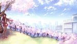 brown_hair building cherry_blossoms city clouds karo_karo long_hair original pantyhose petals scarf scenic skirt sky tree 