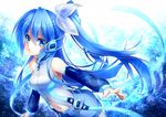  blue blue_eyes blue_hair elbow_gloves hatsune_miku headphones long_hair navel ponytail ribbons ueno_tsuki vocaloid 