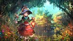  blue_eyes bow brown_hair building dress flowers hat jumpei99 leaves long_hair mage original scenic staff tree water witch_hat 