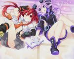  2girls book boots compile_heart hoodie hyperdimension_neptunia hyperdimension_neptunia_vii long_hair neptune panties purple_eyes purple_hair red_eyes red_hair tennouboshi_uzume tsunako underwear wink 