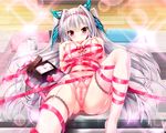  bra breasts censored game_cg gray_hair lass long_hair mayoeru_futari_to_sekai_no_subete nipples panties pussy red_eyes ribbons saeki_touka stockings thighhighs underwear youta 