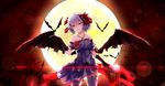  animal bat dress fang moon red_eyes remilia_scarlet short_hair thighhighs touhou vampire white_crow wings 