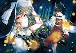  blonde_hair brown_hair hakurei_reimu hat japanese_clothes kirisame_marisa kyachi long_hair miko night touhou tree witch yellow_eyes 