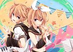  black_eyes blonde_hair heart instrument kagamine_len kagamine_rin male mikan_(kuriyu405) paper short_hair stars vocaloid 