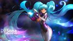  aqua_hair blue_eyes bodysuit breasts cleavage gloves league_of_legends nal_(nal&#039;s_pudding) signed skintight sona_buvelle twintails watermark 