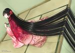  black_hair blush flowers japanese_clothes kazuharu_kina kimono long_hair red_eyes watermark 