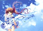  blush bow breasts brown_hair cleavage clouds dress long_hair mikeou original petals red_eyes sky twintails 