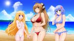  akiranyo amagi_brilliant_park beach bikini blonde_hair blue_eyes blue_hair blush breasts brown_hair cleavage flat_chest green_eyes latifah_fleuranza long_hair muse_(amagi_brillant_park) navel sento_isuzu short_hair swimsuit water yellow_eyes 