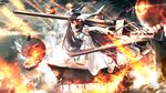  anchorage_water_demon black_hair clouds dress fire horns kantai_collection kouji_(astral_reverie) long_hair orange_eyes water 