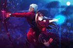  archer blue_eyes bow_(weapon) brown_hair fate/stay_night jeran_(ggokd) long_hair male moon night short_hair skirt thighhighs tohsaka_rin twintails weapon zettai_ryouiki 