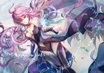  blue_eyes breasts cape cleavage long_hair magic mao_xiao_zha metatron_(p&amp;d) no_bra pink_hair puzzle_&amp;_dragons thighhighs wings 