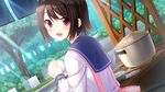  apron blush brown_hair food game_cg headband hiten_goane_ryu juunin_kanri! kino_shizuku material_mel red_eyes seifuku short_hair 