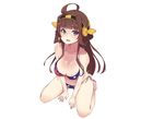  anthropomorphism barefoot bikini blue_eyes blush breasts brown_hair cleavage headband jpeg_artifacts kantai_collection kongou_(kancolle) long_hair maze_(gochama_ze_gohan) navel swimsuit white 