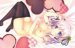  alcot bed blue_eyes clover_day&#039;s gray_hair kagami_hekiru narumi_yuu nipples panties panty_pull pantyhose topless underwear 