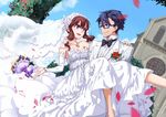  blue_eyes blue_hair bow brown_hair building elbow_gloves flowers glasses long_hair male necklace original petals purple_eyes short_hair sky suit tianna wedding wedding_attire 