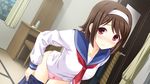  blush brown_hair game_cg headband hiten_goane_ryu juunin_kanri! kino_shizuku material_mel panties red_eyes seifuku short_hair tie underwear undressing 