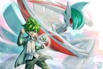  all_male gallade green_eyes green_hair male mega_gallade mitsuru_(pokemon) necklace pokemon red_eyes sa-dui short_hair signed watermark 