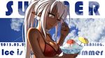  bikini_top breasts cleavage dark_skin food long_hair pointed_ears ponytail sandaime_muramasa soukou_akki_muramasa wet white_hair wink yan_wan 