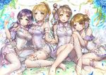  ayase_eri barefoot blush breasts butterfly cleavage dress flowers garter_belt group koizumi_hanayo lma love_live!_school_idol_project minami_kotori petals ribbons rose toujou_nozomi 