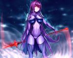  armor bodysuit cropped erect_nipples fate/grand_order fate/stay_night lancer_(fate/grand_order) long_hair purple_hair red_eyes shijiu_(adamhutt) skintight spear weapon 