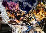  armor boots chain fate/stay_night feathers fire garter long_hair pink_hair poyan_noken red_eyes rider saber sword tattoo thighhighs torn_clothes weapon wings 