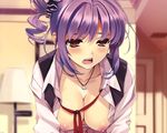  blush breasts cropped misaki_kurehito necklace nipples no_bra open_shirt original purple_hair red_eyes 