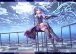  blue_hair boots clouds corset elbow_gloves flowers goth-loli hatsune_miku long_hair purple_eyes rose sky thighhighs twintails vocaloid water wristwear yusuke 