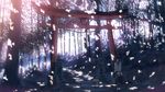  animal black_hair bokuden cat forest kneehighs original scenic seifuku shade short_hair skirt torii tree 
