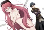  asami_lilith black_hair blue_eyes braids breast_hold hat kasuga_arata kiso_yuuta long_hair male nude purple_eyes red_hair scan short_hair trinity_seven white 