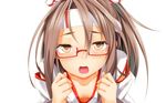  breasts brown_hair cleavage close glasses headband ichiju japanese_clothes kantai_collection miko white zuihou_(kancolle) 