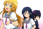  aqua_eyes aragaki_ayase black_hair blonde_hair blue_eyes fang flowers gokou_ruri goth-loli hairu kousaka_kirino long_hair ore_no_imouto_ga_konna_ni_kawaii_wake_ga_nai red_eyes rose seifuku wristwear 