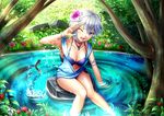  anastasia_(idolmaster) animal barefoot bikini blue_eyes chiko_(kanhogo) choker fish flowers grass gray_hair idolmaster idolmaster_cinderella_girls leaves necklace open_shirt scenic short_hair swimsuit tree water wet wink wristwear 