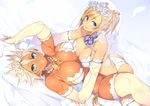  2girls blonde_hair blue_eyes breasts brown_hair cleavage elbow_gloves headdress original real_xxiii shoujo_ai thighhighs wedding_attire 