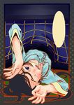  black_hair blank_speech_bubble blue_eyes foreshortening hands kotatsu long_hair lying motoi_hiroumi one_eye_closed open_mouth original pajamas solo speech_bubble sweat table upside-down 