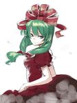  bangs blunt_bangs bow breasts covered_nipples dress front_ponytail green_eyes green_hair hair_bow hair_ribbon kagiyama_hina looking_to_the_side miya9 motion_lines ribbon simple_background small_breasts smile solo spinning touhou 