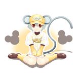  :&lt; animal_ears bad_id bad_pixiv_id baseball_cap baseball_uniform clothes_writing grey_hair hat mouse_ears mouse_tail nazrin red_eyes short_hair sitting solo sportswear tail touhou v_arms wariza yanmarson 