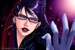  bayonetta bayonetta_(character) beauty_mark black_hair blue_eyes earrings eyeshadow female glasses gradient gradient_background jewelry long_hair makeup mole red_ribbon ribbon ruka_hizukuri solo 