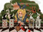  alice_(wonderland) alice_in_wonderland bird blonde_hair blue_eyes bow card card_creature caterpillar_(wonderland) cheshire_cat clock flamingo flower hair_bow hat kiseru long_hair luke_uehara mushroom paint paint_can pipe playing_card red_eyes rose smoke solo top_hat white_flower white_rabbit white_rose yellow_eyes 