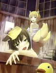  animal_ears bad_id bad_pixiv_id bath blonde_hair brown_hair cat_ears chen earrings fang fox_ears fox_tail from_behind hidebo jewelry multiple_girls multiple_tails naked_towel night night_sky open_mouth rubber_duck short_hair sky tail touhou towel wet yakumo_ran yellow_eyes 
