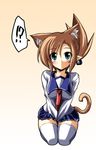  1girl animal_ears bad_id bad_pixiv_id brown_hair cat_ears cat_tail earrings extra_ears green_eyes highres jewelry kneeling marine_(crazy_developers) original pointy_ears rikumaru school_uniform serafuku skirt solo tail thighhighs zettai_ryouiki 