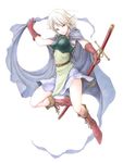  aritani_mahoro armor blonde_hair boots cape colored_pencil_(medium) dress elf gloves green_eyes highres holding jumping legs marker_(medium) open_mouth original pointy_ears short_hair simple_background smile solo sword traditional_media weapon 