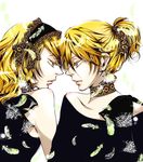  1girl androgynous blonde_hair blue_eyes brother_and_sister eye_contact face-to-face hairband highres kagamine_len kagamine_rin looking_at_another magnet_(vocaloid) ponytail short_hair siblings simple_background twins uico vocaloid 