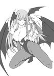  adjusting_hair amei_sumeru bat_wings boots breasts bursting_breasts cleavage demon_girl elbow_gloves fingerless_gloves gloves greyscale head_wings huge_breasts leotard long_hair monochrome morrigan_aensland pantyhose solo succubus vampire_(game) very_long_hair wide_hips wings 