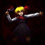  blonde_hair blood crazy hair_ribbon hatchet highres kanno_kengo nose_hatchet outstretched_arms red_eyes ribbon rumia short_hair solo spread_arms touhou 